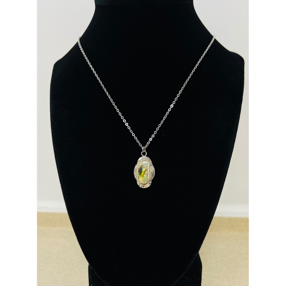 Vintage Sterling Silver Abalone Shell Pendant Necklace Iridescent Artisan